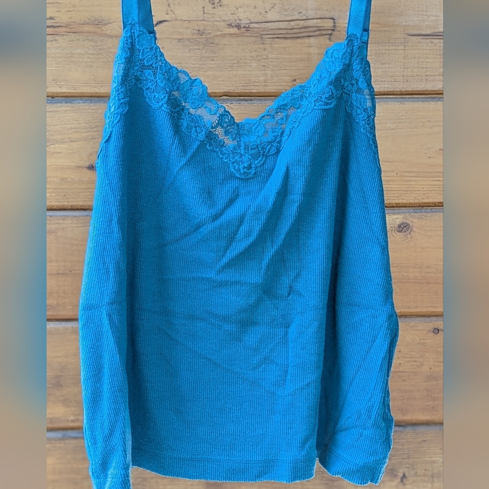 Y2K Chico’s Travelers Camisole Top Size 2 Ribbed Teal  Lace Trim Satin Straps